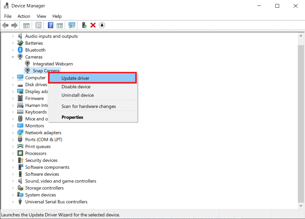 Clique com o botão direito do mouse em Snap Camera na lista disponível e selecione Atualizar driver. Corrigir erro de entrada de câmera sem câmera disponível