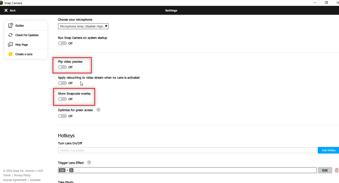 Desative as configurações, Flip video preview e Show Snapcode overlay