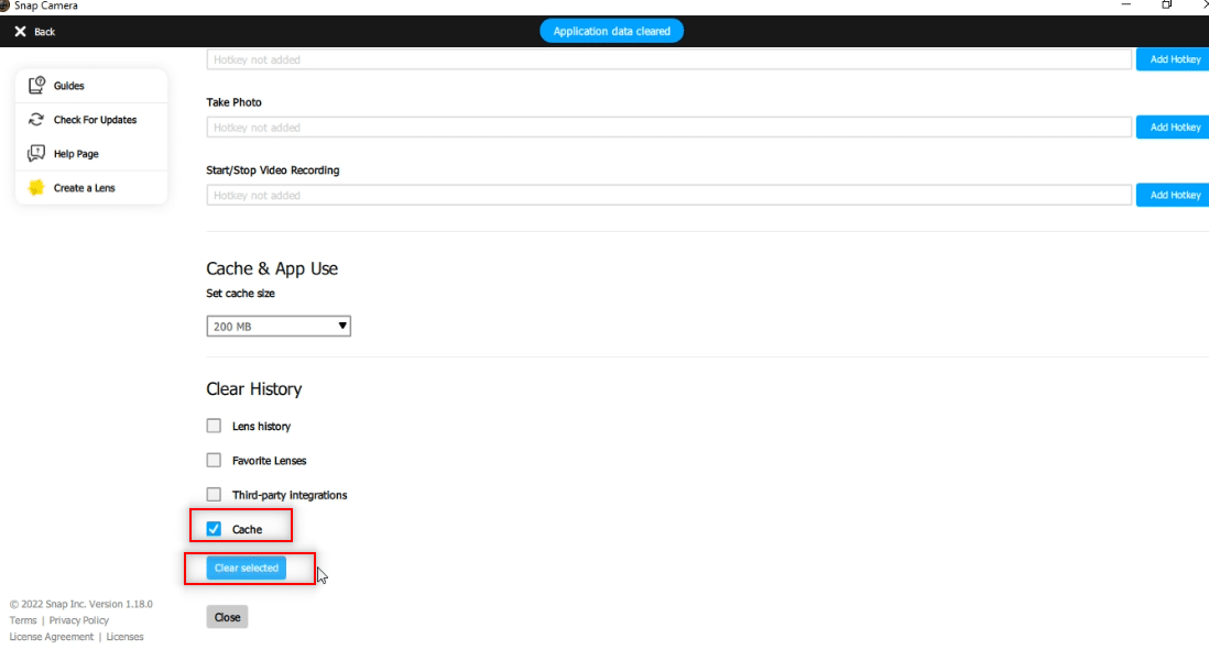 Aktivieren Sie das Kontrollkästchen neben der Cache-Option und klicken Sie auf die Schaltfläche Ausgewählte Daten löschen. Beheben Sie den Fehler „Snap Camera No Available Camera Input“.