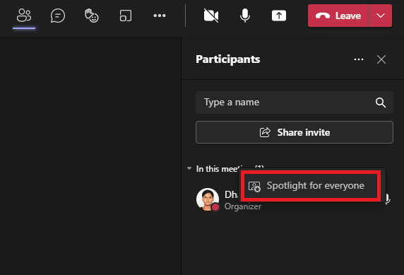 次に、スポットライトを当てたいユーザーの名前を右クリックして、[全員にスポットライト]オプションを選択します。