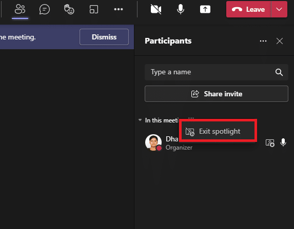 正如您之前所做的那样，右键单击参与者的姓名，然后选择退出聚光灯选项