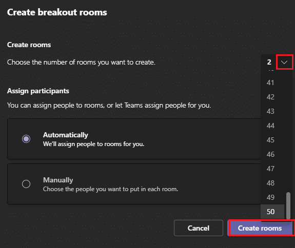 W następnym oknie możesz wybrać liczbę pokoi, które chcesz utworzyć z menu rozwijanego, a na koniec kliknąć Utwórz pokoje. 10 najlepszych funkcji spotkań Microsoft Teams