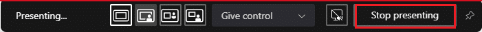 Aby zakończyć udostępnianie, możesz kliknąć opcję Zatrzymaj prezentację na pasku narzędzi prezentacji