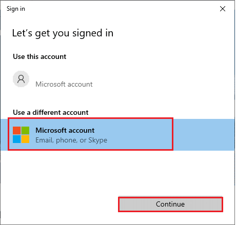 Opzione dell'account Microsoft in accedi