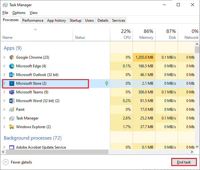 Magazin Microsoft în fila Procese