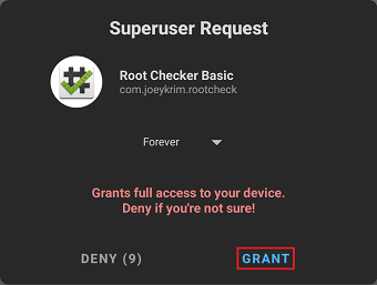 Berikan akses root dengan mengetuk Grant ketika prompt muncul. Cara Root Ponsel Android