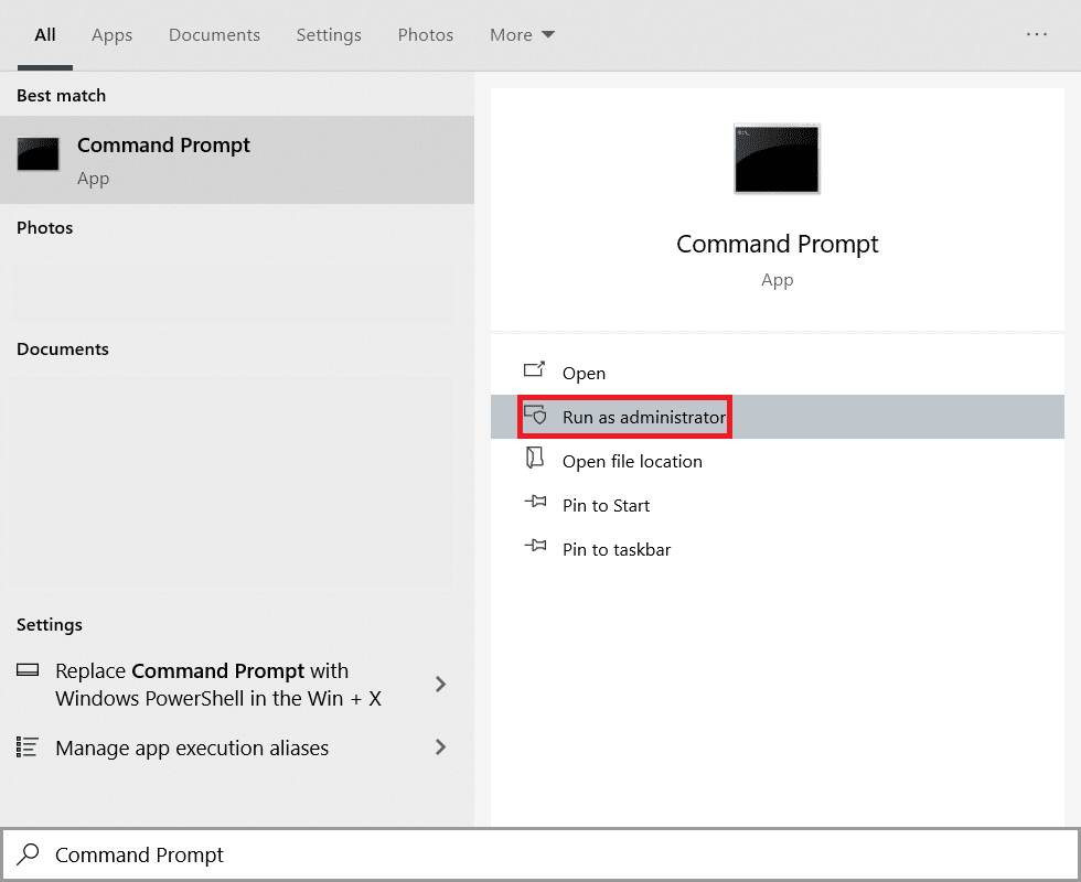 คลิกที่ Start และพิมพ์ Command Prompt และคลิกที่ Run as Administrator