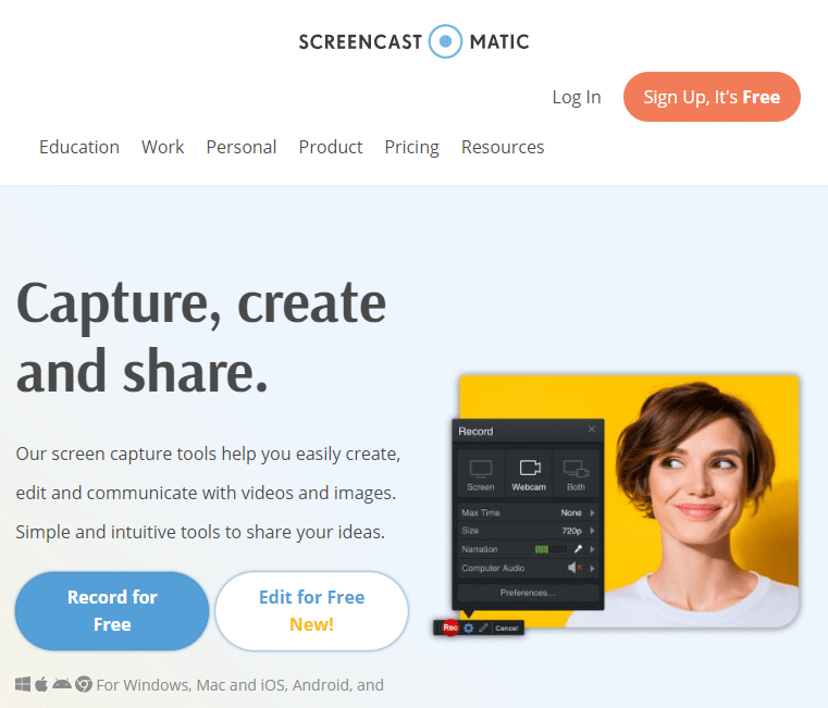 Screencastomaticの公式ウェブサイト