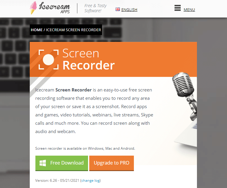 아이스크림 스크린 레코더의 공식 웹사이트. PC용 최고의 무료 스크린 레코더