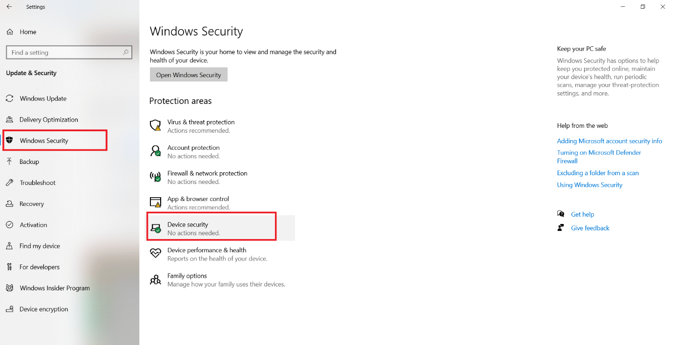 Opzione Sicurezza dispositivo nella scheda Sicurezza di Windows. Come correggere l'errore Trusted Platform Module 80090016