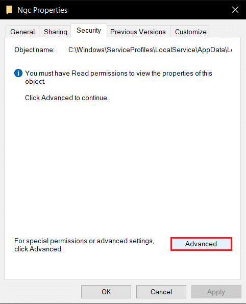 faceți clic pe opțiunea Avansat în fila Securitate proprietăți folder Ngc. Remediați eroarea Trusted Platform Module 80090016