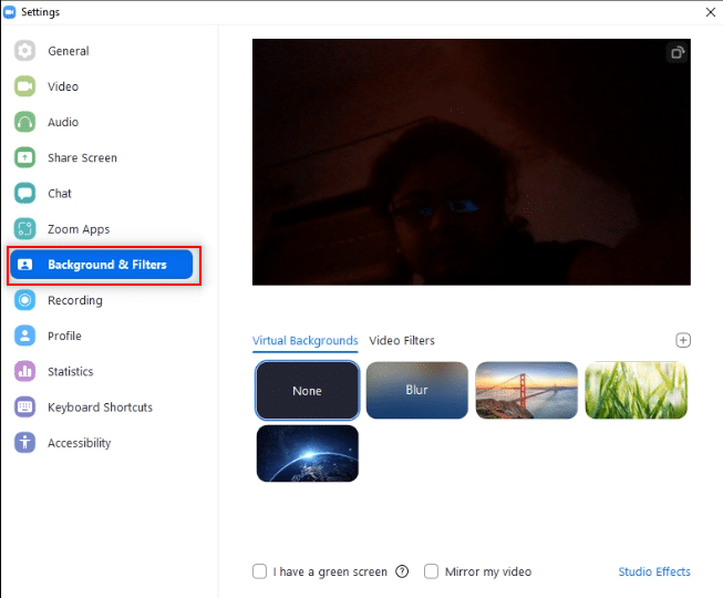 انتقل إلى علامة التبويب الخلفية والفلاتر. كيفية إصلاح Zoom Invalid Meeting ID Error في نظام التشغيل Windows 10