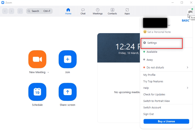 Selectați opțiunea Setări. Cum să remediați eroarea Zoom Invalid Meeting ID în Windows 10