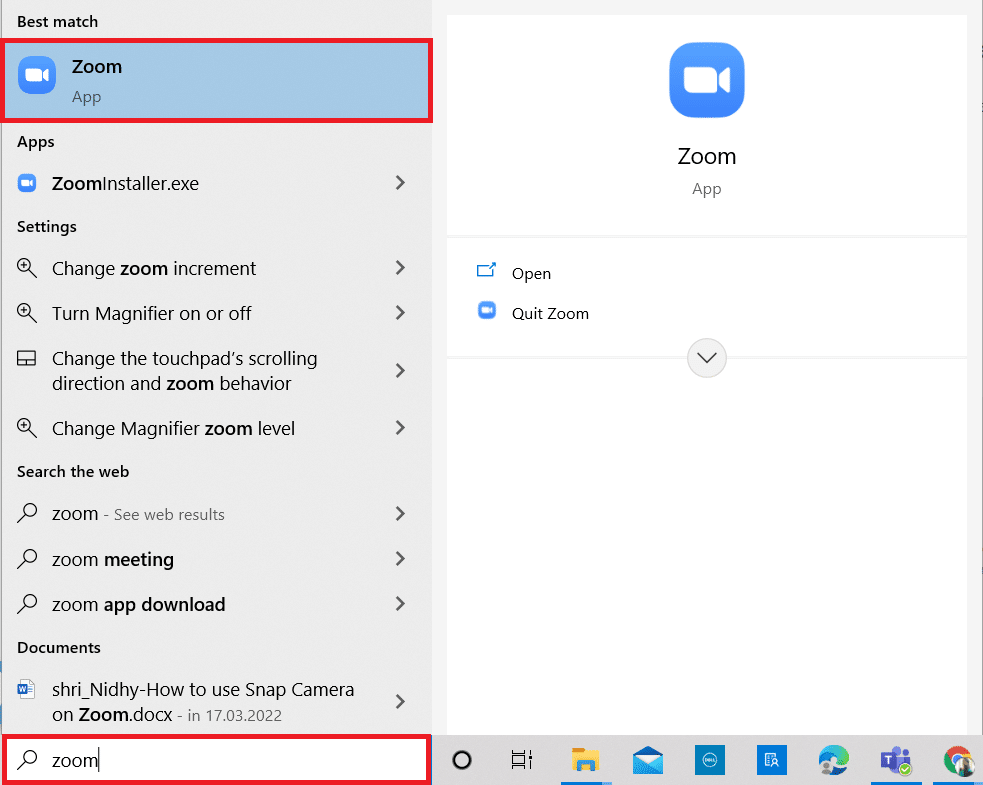 wpisz Zoom w menu wyszukiwania i otwórz je. Jak naprawić błąd nieprawidłowego identyfikatora spotkania Zoom w systemie Windows 10?