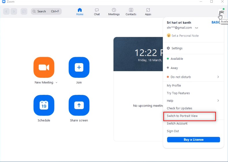 حدد الخيار التبديل إلى Portrait View. كيفية إصلاح Zoom Invalid Meeting ID Error في نظام التشغيل Windows 10
