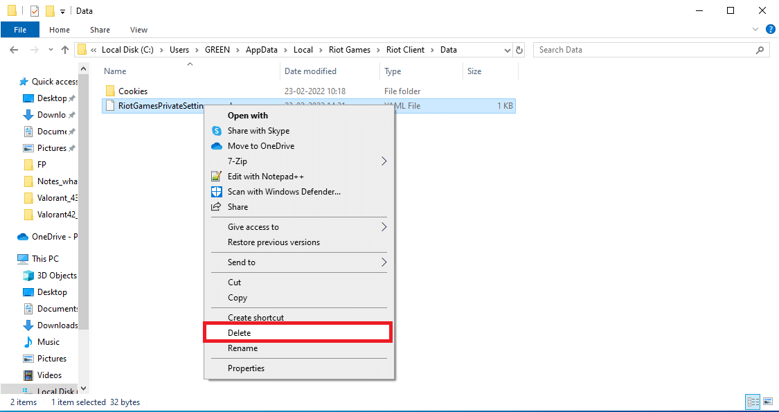 Faceți clic dreapta pe fișierul RiotClientPrivateSettings.yaml și selectați Delete