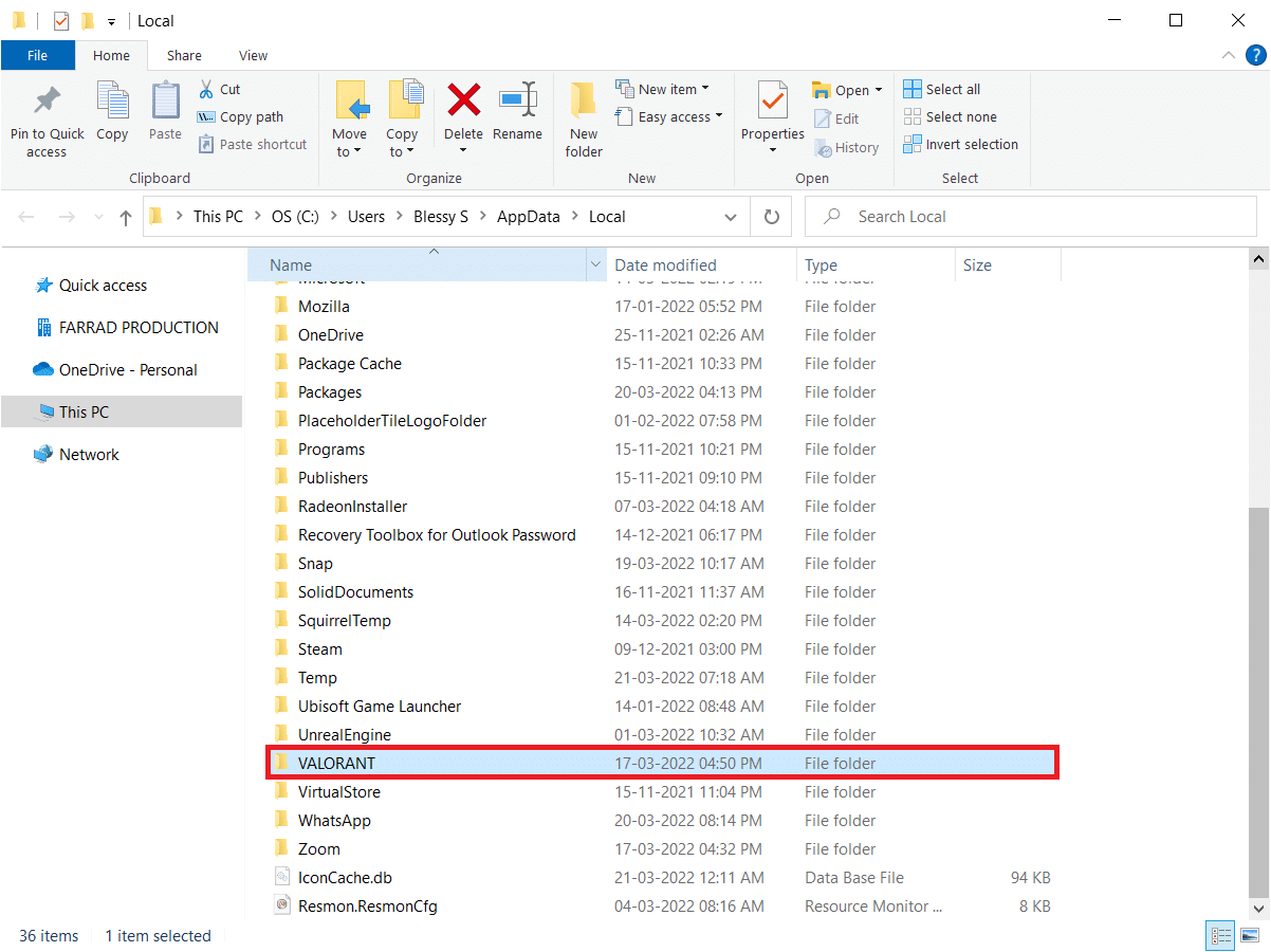 Löschen Sie den Valorant-Ordner. So beheben Sie den Valorant Val 43-Fehler in Windows 10