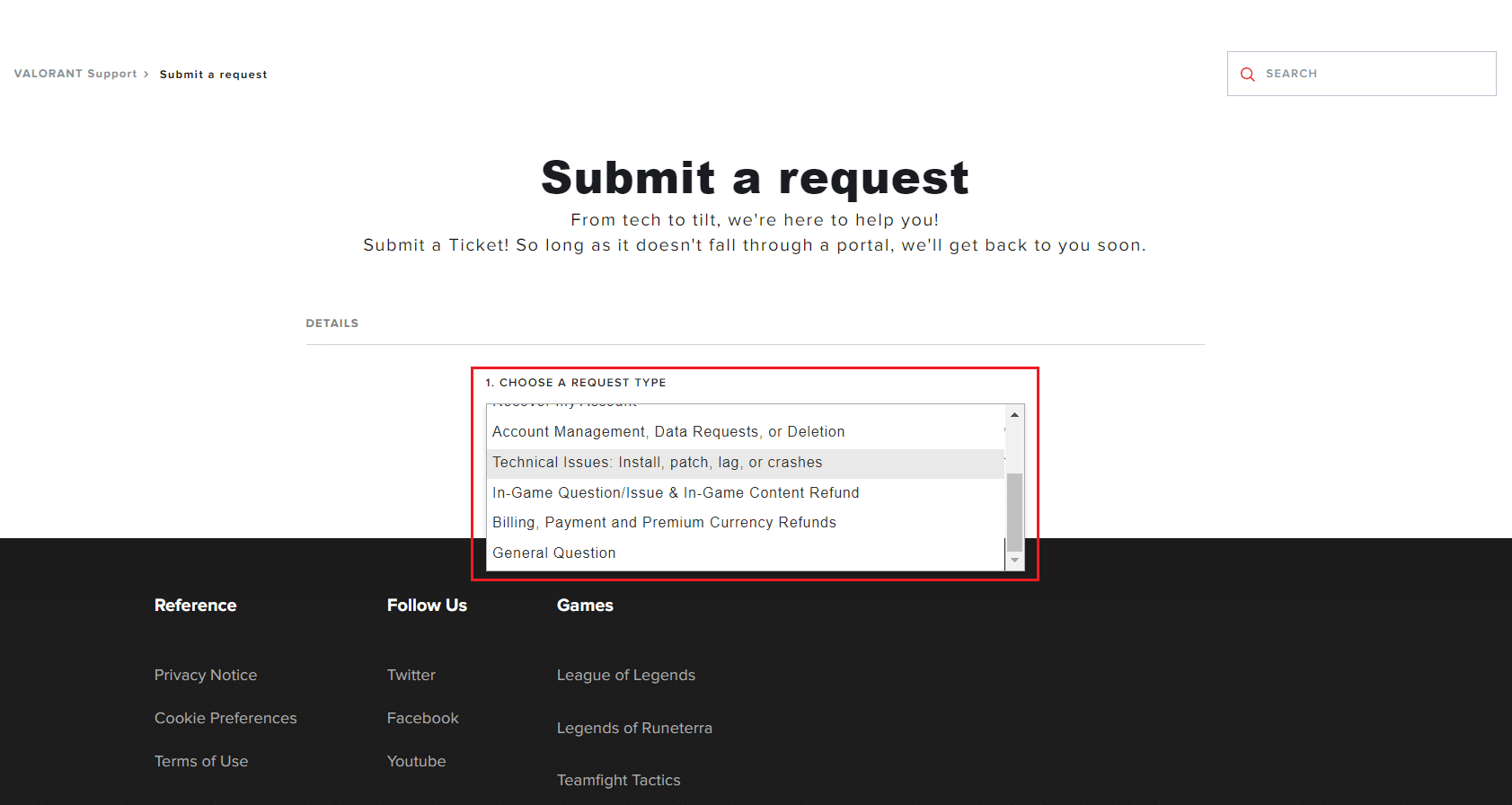 choisissez un type de demande dans la page de support valorant. Comment réparer l'erreur Valorant Val 43 dans Windows 10