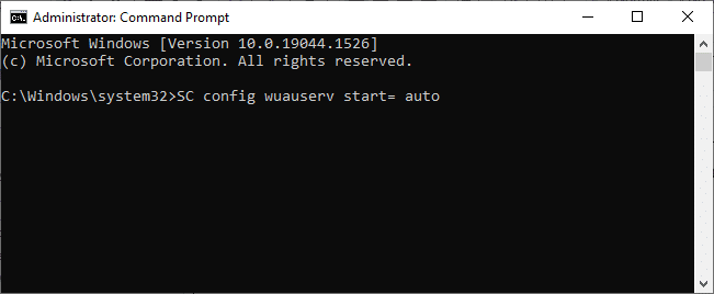 digite os seguintes comandos um por um. Pressione Enter após cada comando. SC config wuauserv start auto SC config bits start auto SC config cryptsvc start auto SC config trustedinstaller start auto