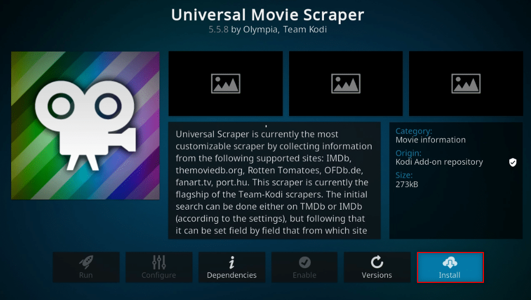 Fare clic sul pulsante Installa. Come aggiungere IMDB su Kodi