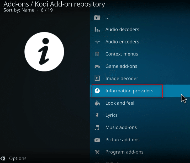 busque Proveedores de información en la lista y haga clic en él. Cómo agregar IMDB en Kodi