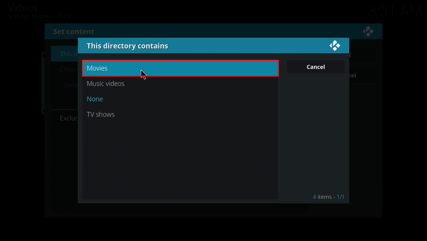 Elija la opción Películas para establecer el tipo de datos en el archivo. Cómo agregar IMDB en Kodi