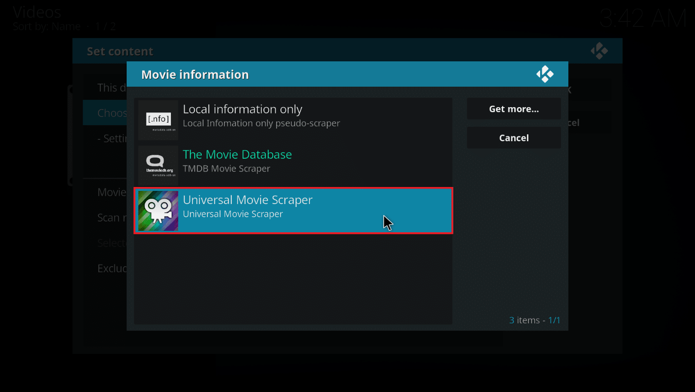 Wählen Sie Universal Movie Scraper aus der Liste