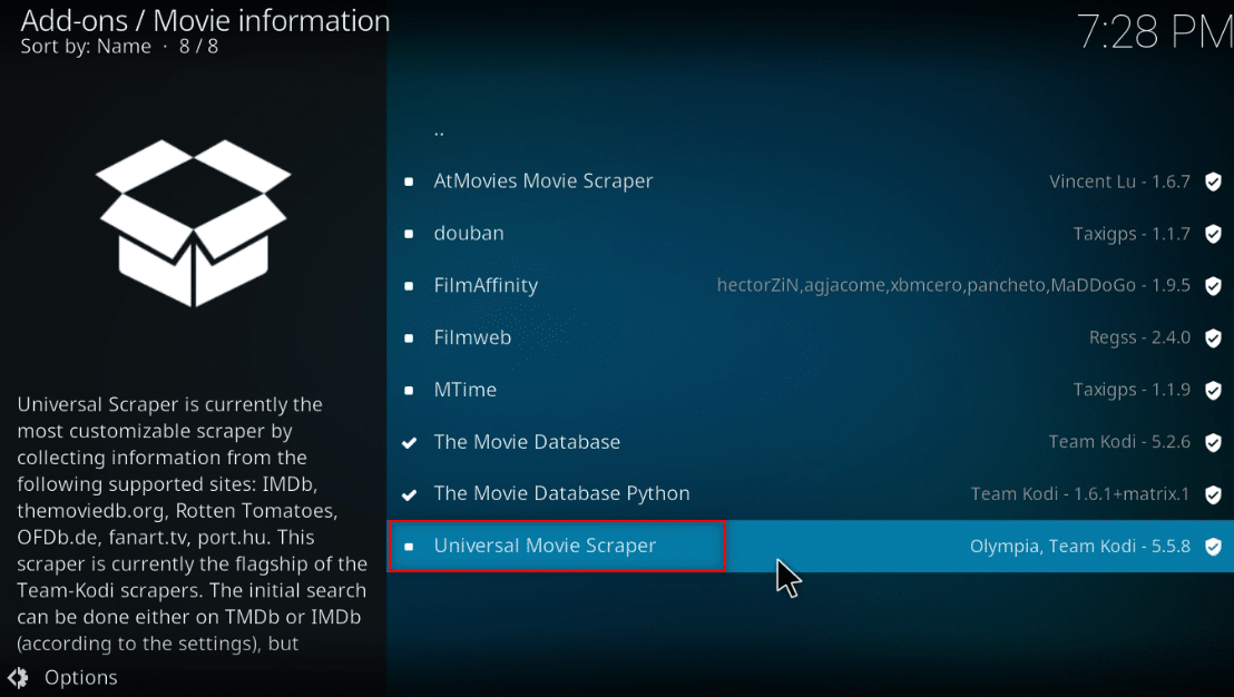 ค้นหา Universal Movie Scraper ในรายการและคลิกที่มัน