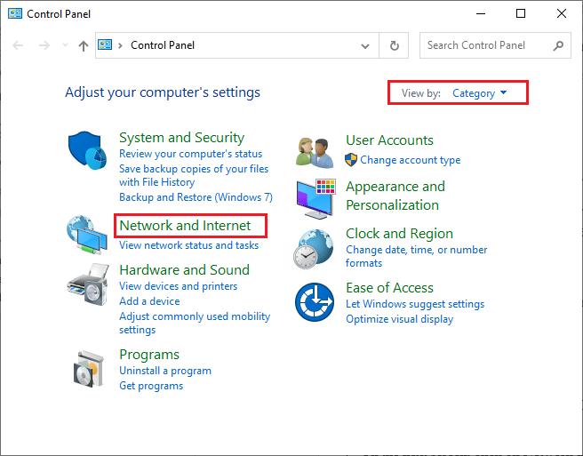 Em seguida, defina o View by as Category e clique em Network and Internet