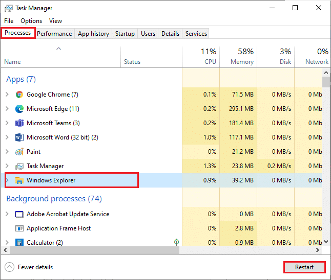 Dans l'onglet Processus, cliquez sur l'Explorateur Windows et sélectionnez le bouton Redémarrer