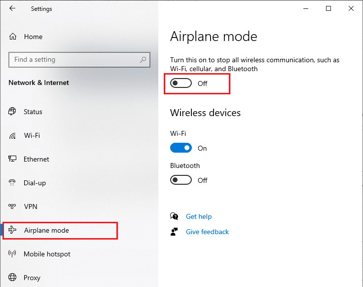 Agora, escolha o modo avião no painel esquerdo e desative a configuração do modo avião