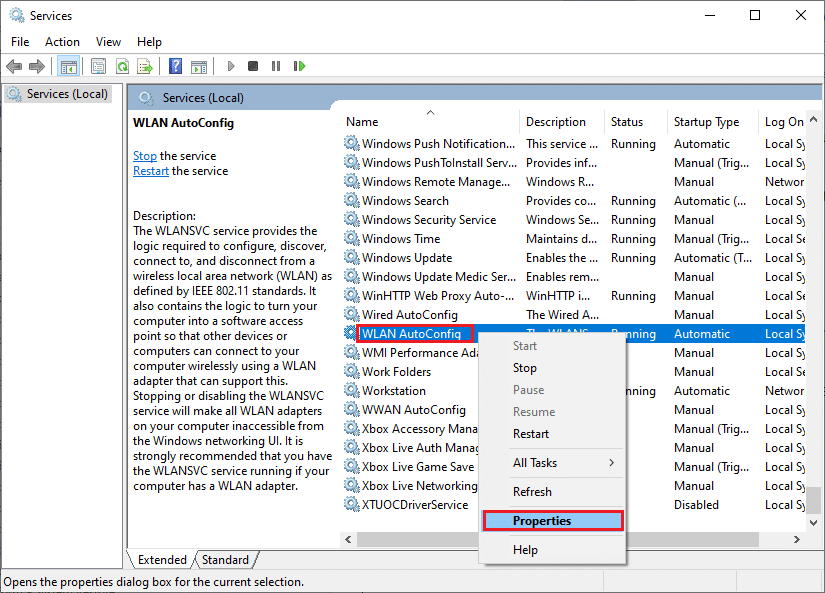 Vous pouvez également double-cliquer sur Service de configuration automatique WLAN pour ouvrir la fenêtre Propriétés