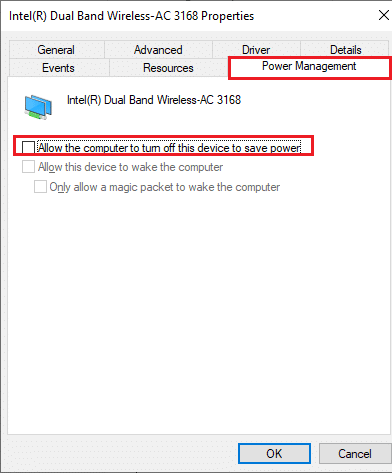 En la ventana Propiedades, cambie a la ventana Administración de energía y desmarque la opción Permitir que la computadora apague este dispositivo para ahorrar energía. Arreglar la opción WiFi que no se muestra en Windows 10