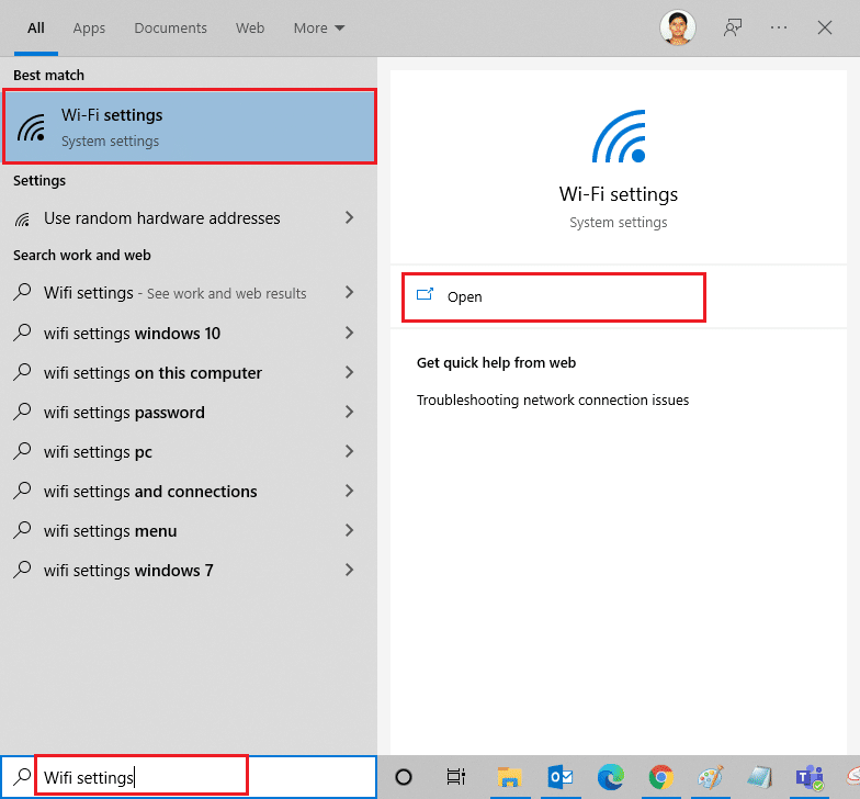 Presione la tecla de Windows y escriba la configuración de WiFi. Luego, haga clic en Abrir. Arreglar la opción WiFi que no se muestra en Windows 10