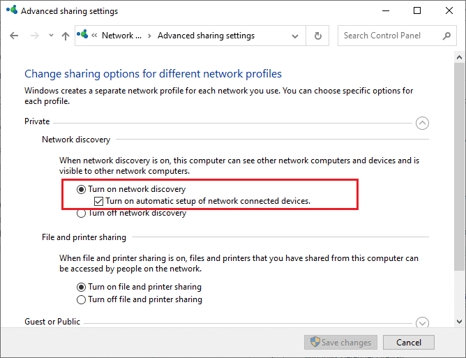 Agora, marque a caixa ao lado de Ativar descoberta de rede e verifique também a opção Ativar configuração automática de dispositivos conectados à rede