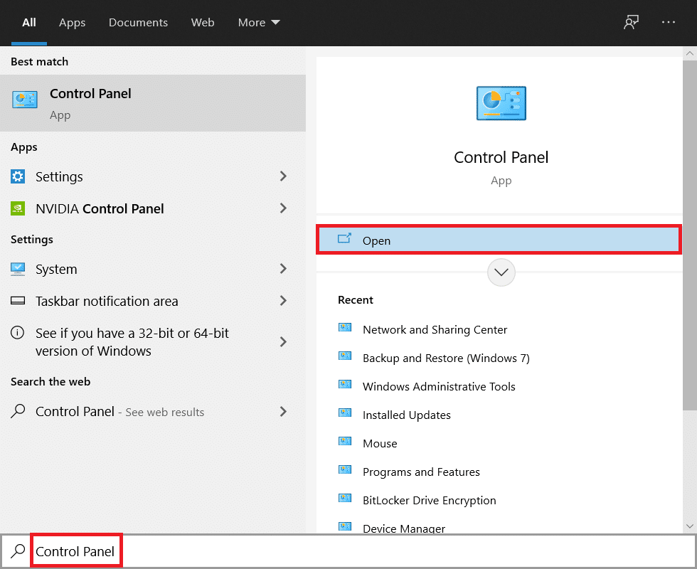 Panneau de configuration dans le menu de recherche