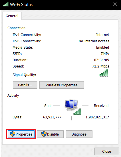 kliknij Właściwości w statusie Wi-Fi. Napraw opóźnienie myszy Bluetooth w systemie Windows 10