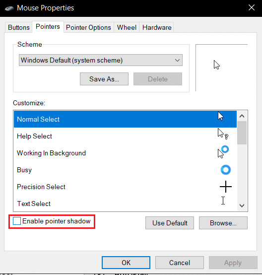 habilite la sombra del puntero en la pestaña de punteros de configuración del mouse. Arreglar el retraso del mouse Bluetooth de Windows 10