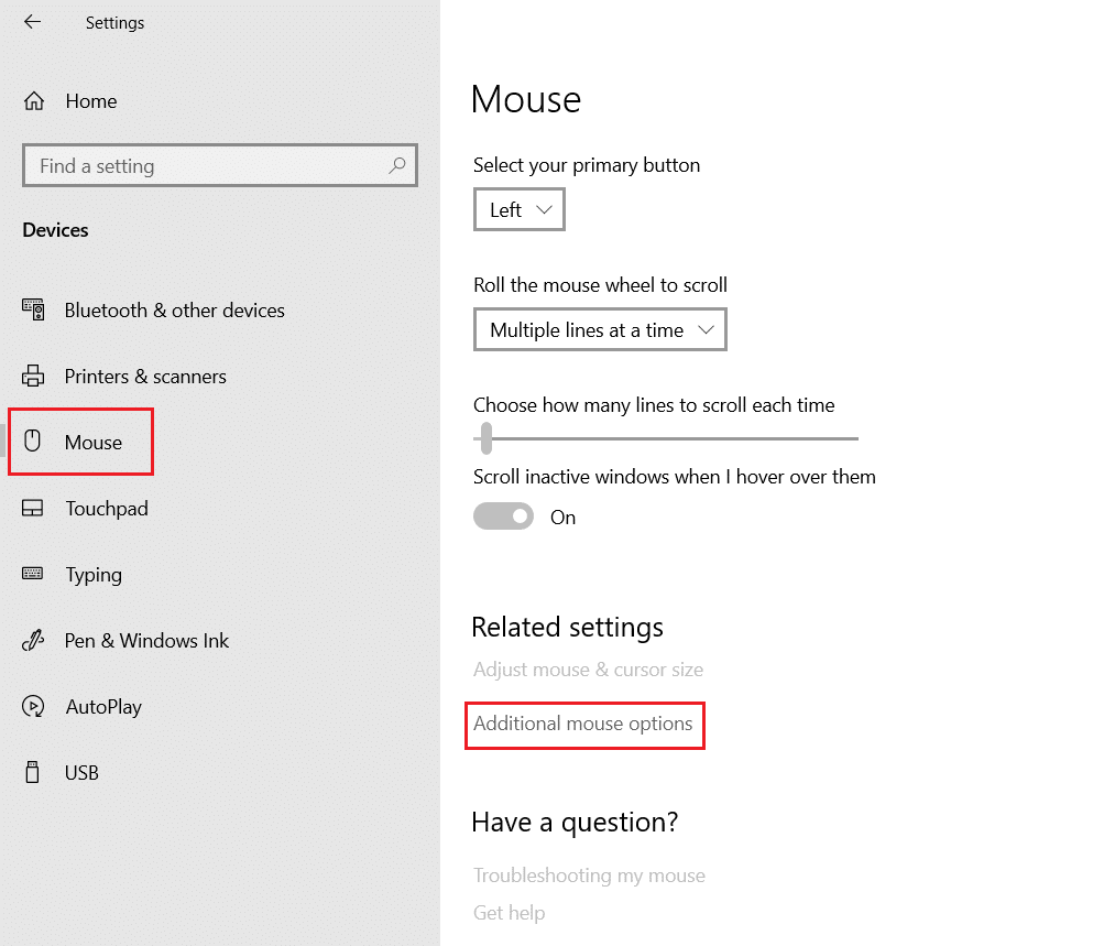 Fare clic sul menu Mouse e selezionare Opzioni aggiuntive del mouse. Correggi il ritardo del mouse Bluetooth di Windows 10