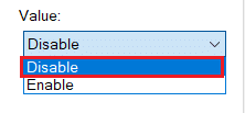 selectați opțiunea dezactivare din meniul derulant al valorii din fila Avansat a proprietăților adaptorului de rețea fără fir. Remediați Windows 10 Bluetooth Mouse Lag