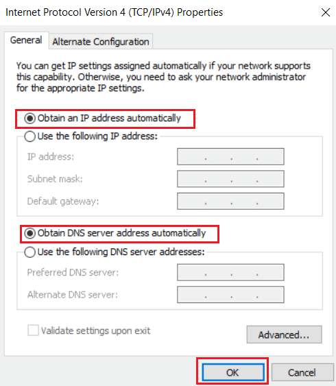 Otomatik olarak bir IP adresi al ve DNS sunucu adresini otomatik olarak al seçeneği. Battle.net'in başka bir yükleme veya güncelleme sorununu beklemesini düzeltin