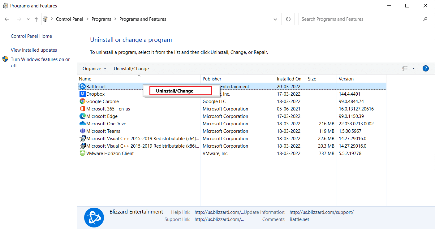 Désinstaller ou modifier l'option. Correction de Battle.net en attente d'un autre problème d'installation ou de mise à jour