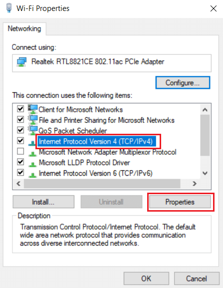 Connexion Internet Protocol Version 4 mise en surbrillance avec l'option Propriétés