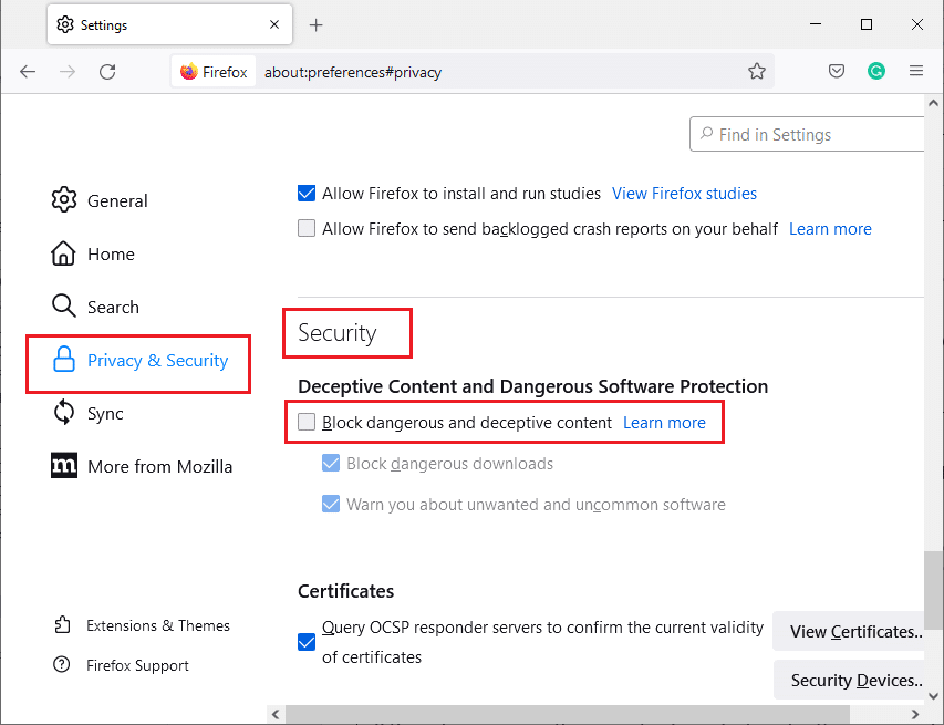 Blocați opțiunea de conținut periculos și înșelător. Remediați Firefox SSL_ERROR_NO_CYPHER_OVERLAP în Windows 10