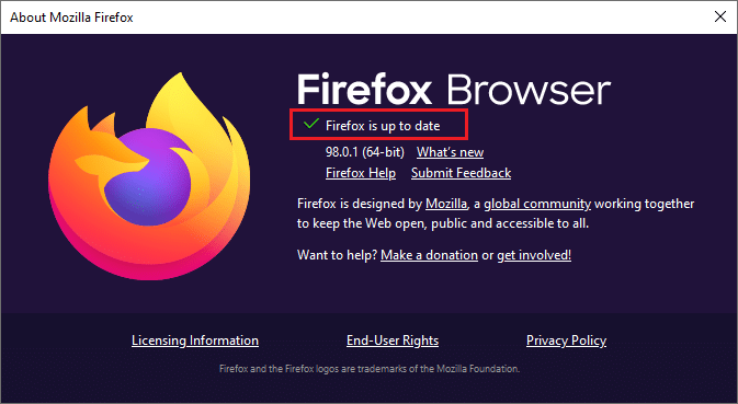 Firefox está actualizado mensaje