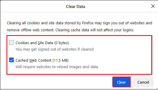 Opção Cookies e Dados do Site e Conteúdo da Web em Cache