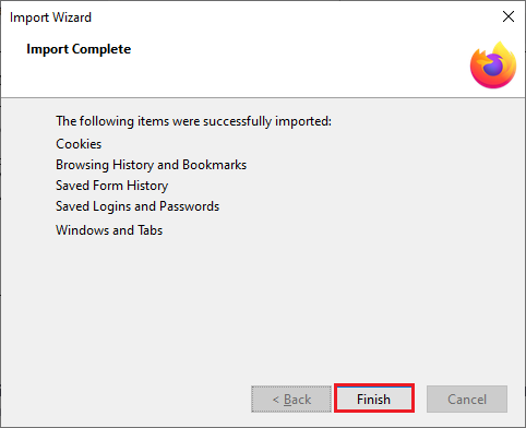 Botón Finalizar en la ventana del Asistente de importación. Repara Firefox SSL_ERROR_NO_CYPHER_OVERLAP en Windows 10