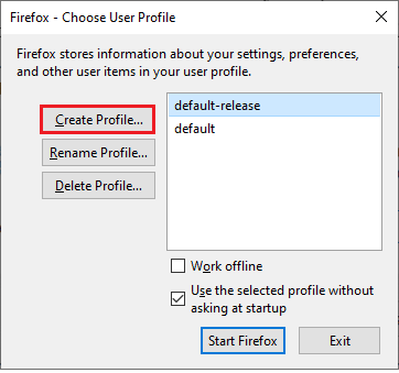 Profil Oluştur… seçeneği. Windows 10'da Firefox SSL_ERROR_NO_CYPHER_OVERLAP'ı düzeltin