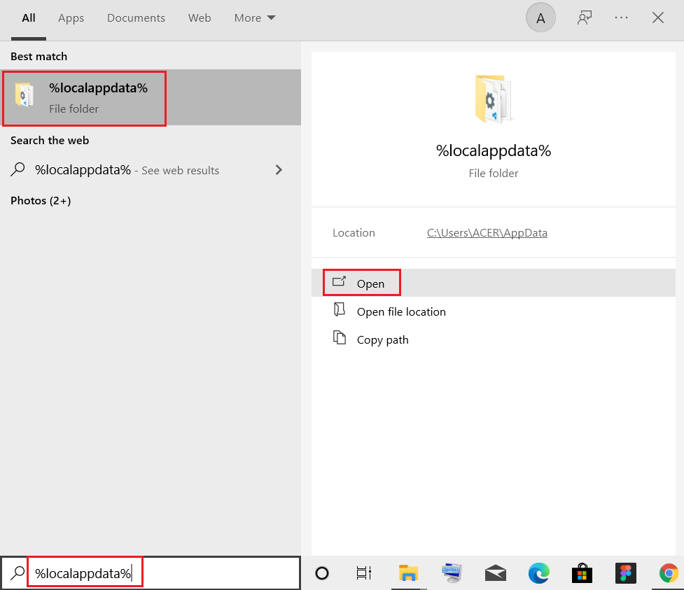 localappdata pesquisado no menu de pesquisa. Corrigir o Firefox SSL_ERROR_NO_CYPHER_OVERLAP no Windows 10