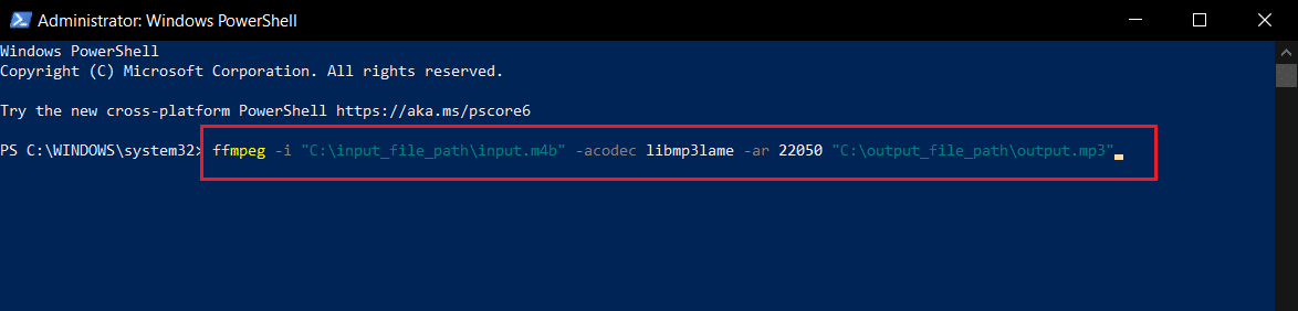 utilizați comanda ffmpeg pentru a converti m4b în mp3 în Windows Powershell